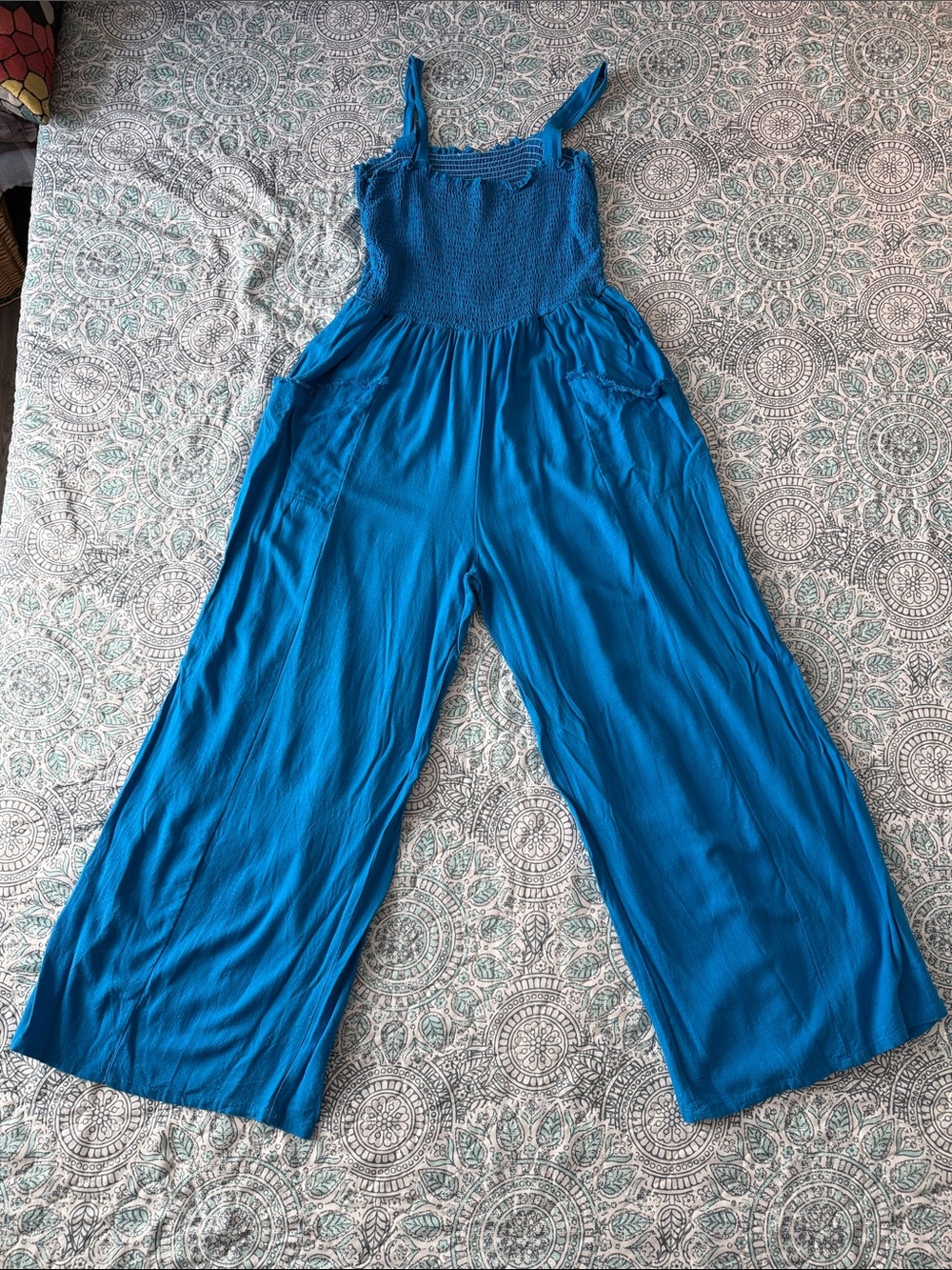 Smocked Wide-Leg Jumpsuit in Bright Blue